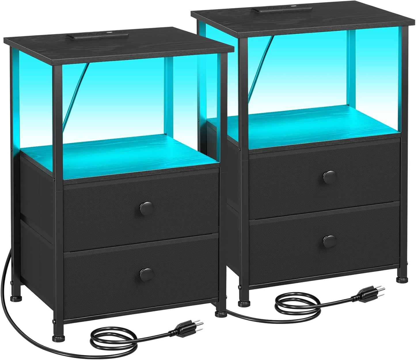 Set 2 Nightstand with Charging Station, End Tables with Storage Shelf , Bedside with 2 Fabric Drawers