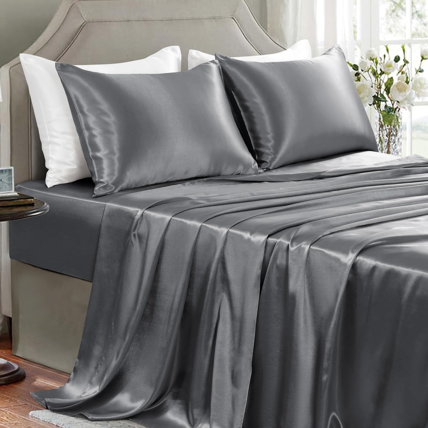 Satin Sheets Full Size - 4 count Luxury Silky Soft Bed Sheets, Wrinkle-Free Black Satin Silk Sheet Set