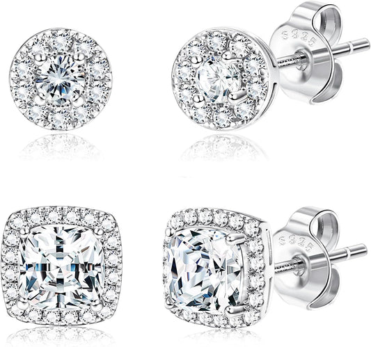 Hayoso 18K Gold Plated Halo Stud Earrings 925 Sterling Silver Cubic Zirconia Stud Earrings Round Square Diamonique Stud