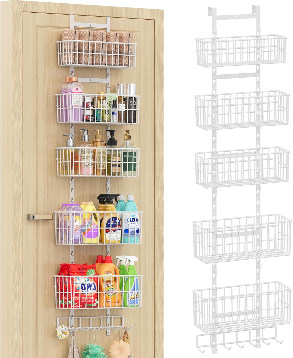 Adjustable Over The Door Organizer, Metal Hanging Door Organizer with 5 Wire Basket 7 Hooks