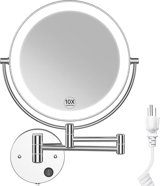 9" Large Size Wall Mounted Lighted Makeup Vanity Mirror, 1X/10X Magnifying  Bathroom Mirror