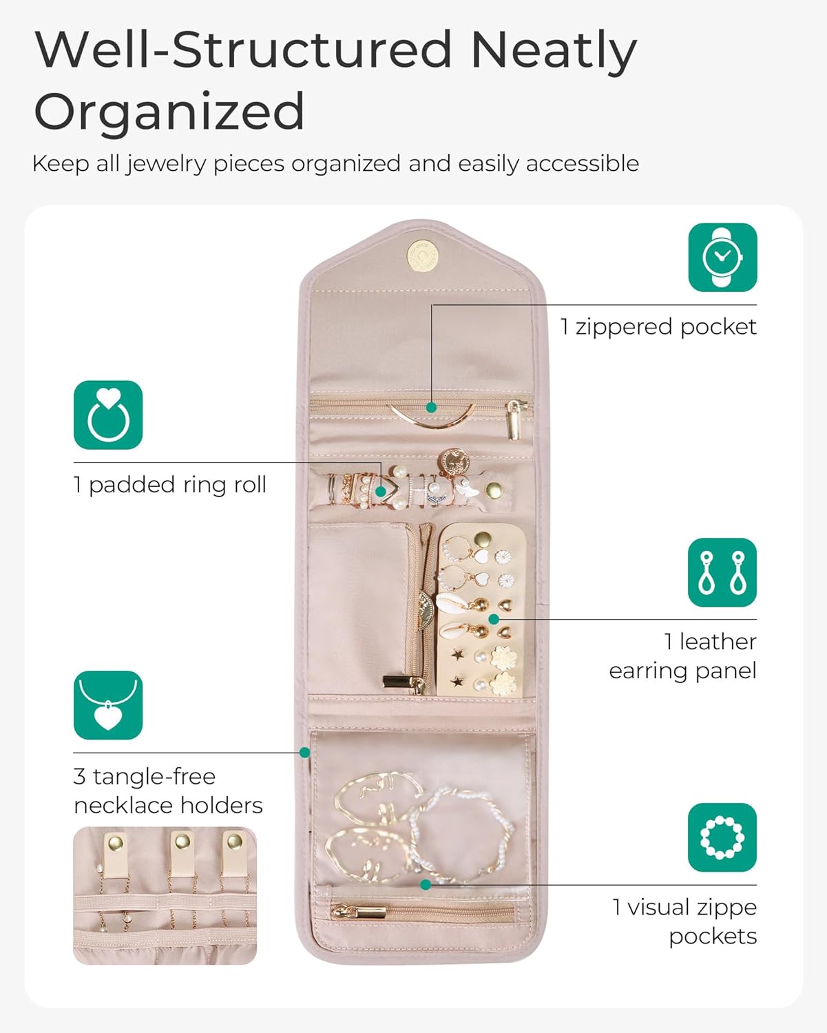 Travel Jewelry Organizer Case Foldable Small Jewelry Roll for Journey Rings, Necklaces, Earrings, Bracelets,Mini