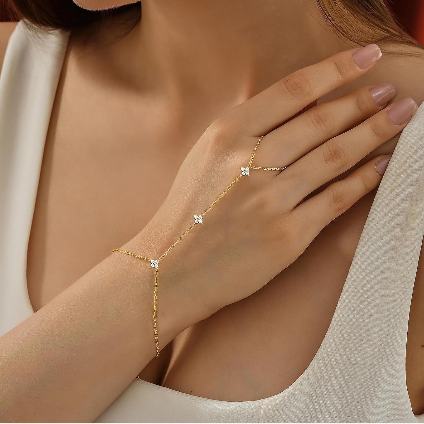 Bracelets for Women 14K Gold Silver Plated Ring Bracelet Hand Chain Dainty Evil Eye Heart Clover Daisy Cubic Zirconia