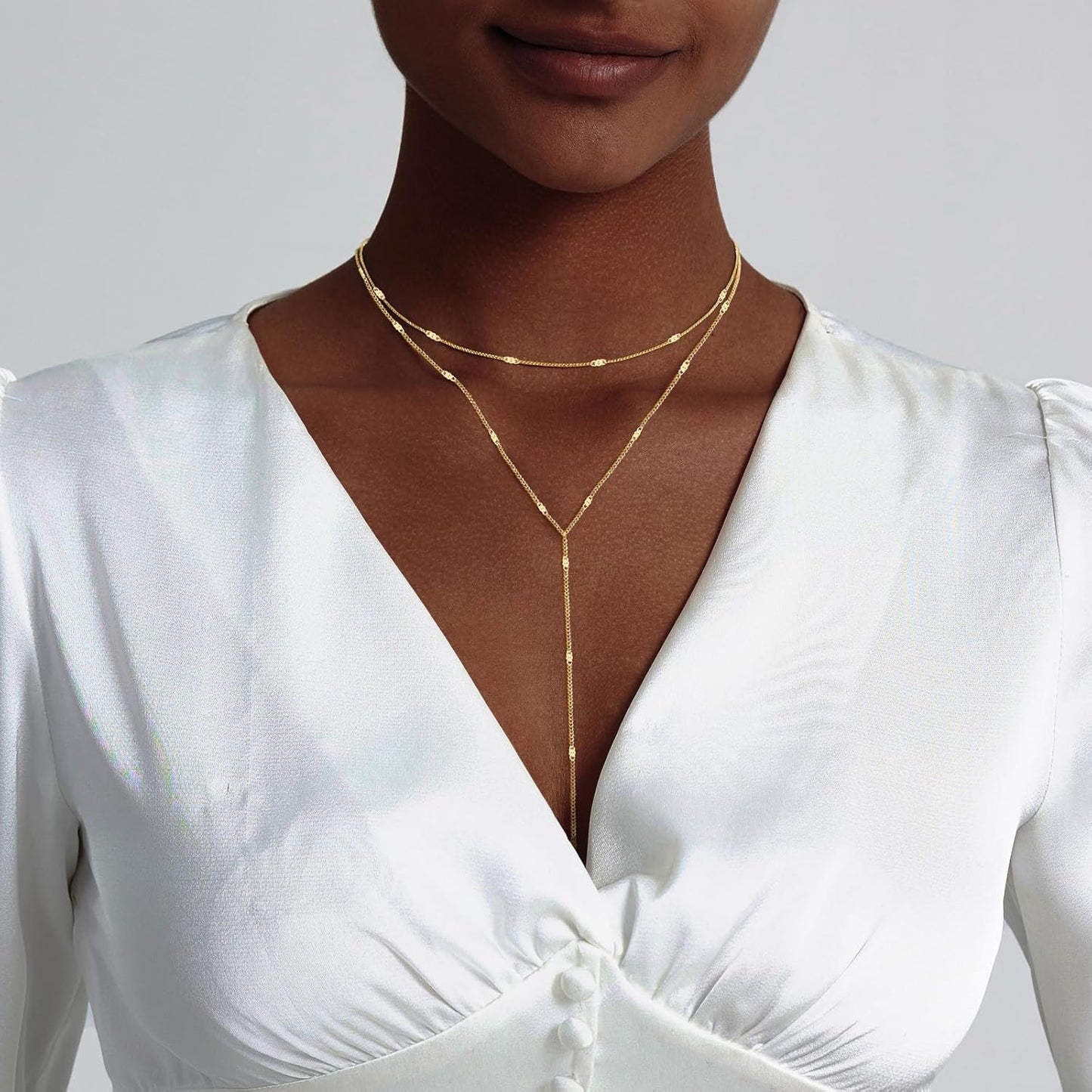 Lariat Necklace For Women: Dainty Y-Shaped Beaded Drop Chain, 14K Gold Plated/Silver, Trendy Gift
