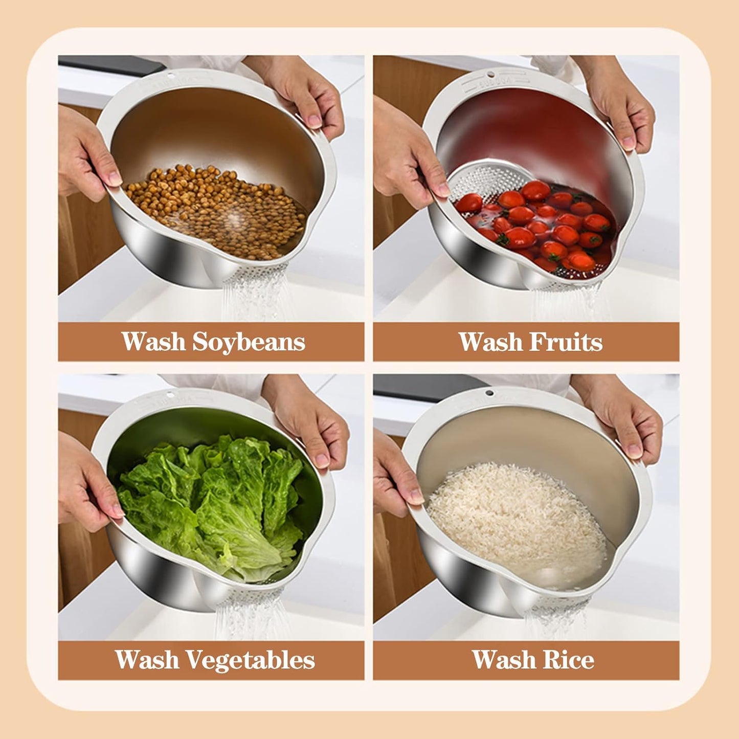 4-in-1 Washing Bowl for Quinoa, Stainless Steel Rinser With Side Drainers Small Colander for Cleaning Fruits, Vegetables
