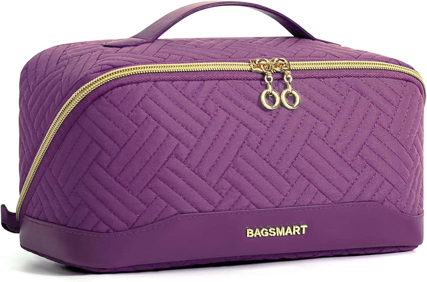 Travel Makeup Bag for Women, Portable Water-resistant Cosmetic Case, Puffy Padded Make Up Organizer Pouch, Open Flat Toiletry Bag for Toiletries, Brushes, Pink