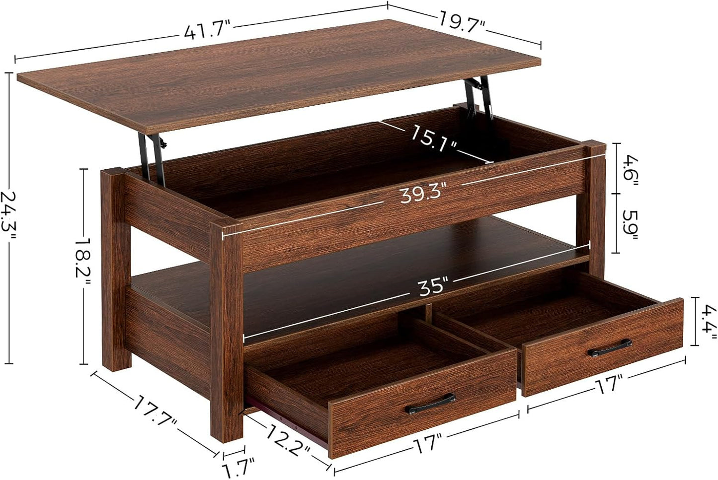 Living Lift Top Coffee Table with Drawers and Hidden Compartment, Retro Central Table with Wooden Lift Tabletop