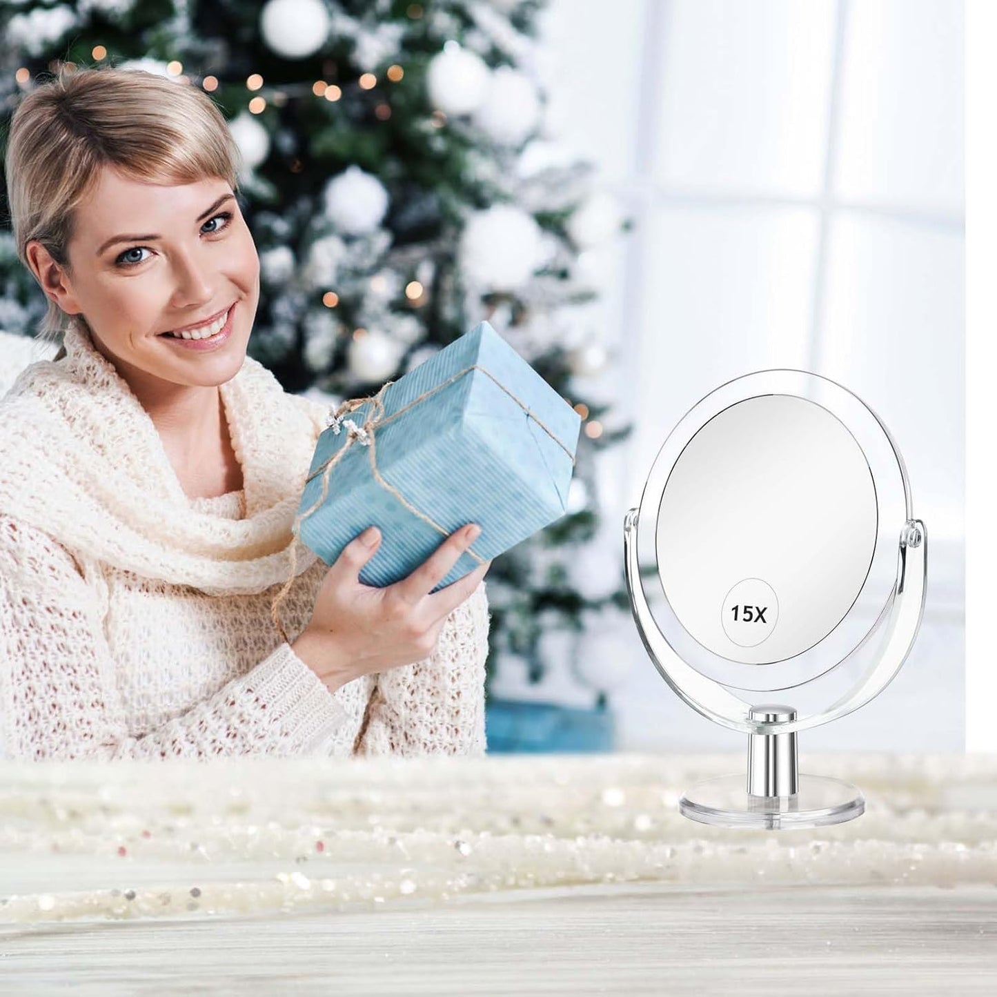 Vanity Makeup Mirror with Stand, 1X/15X Magnification Double Sided 360 Degree Swivel