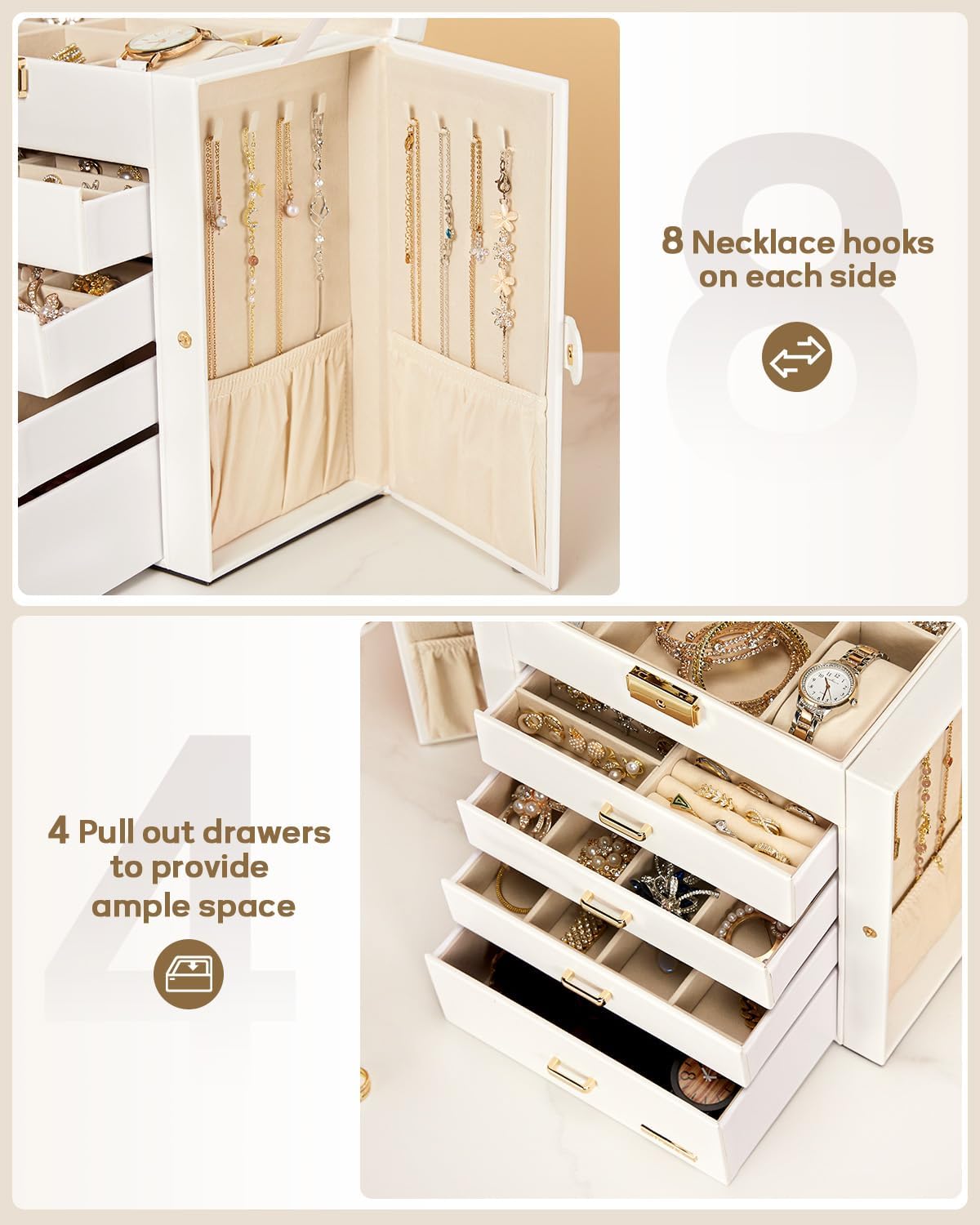 Synthetic Leather Huge Jewelry Box Mirrored Watch Organizer Necklace Ring Earring Storage Lockable