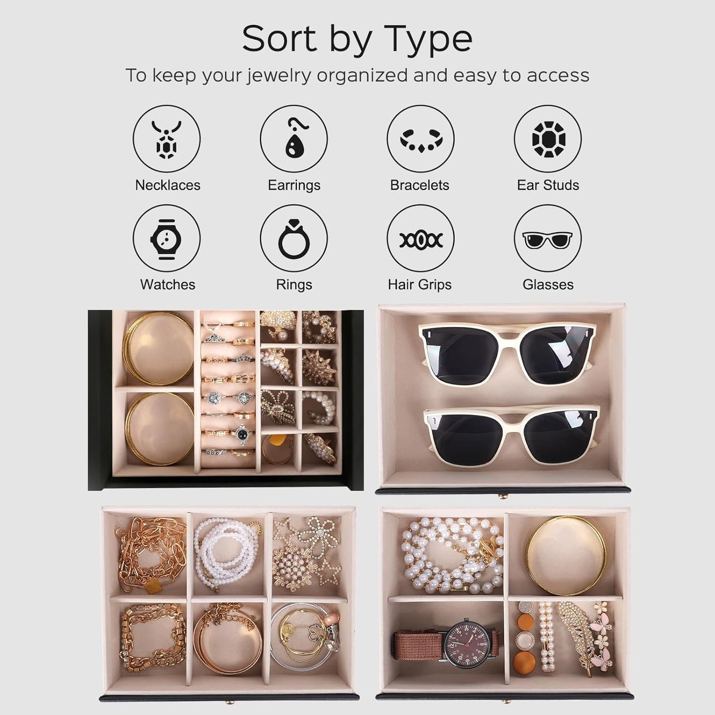 Large Jewelry Box for Women, Jewelry Organizer Box with 3 Drawers, Jewelry Storage Organizer with Mirror