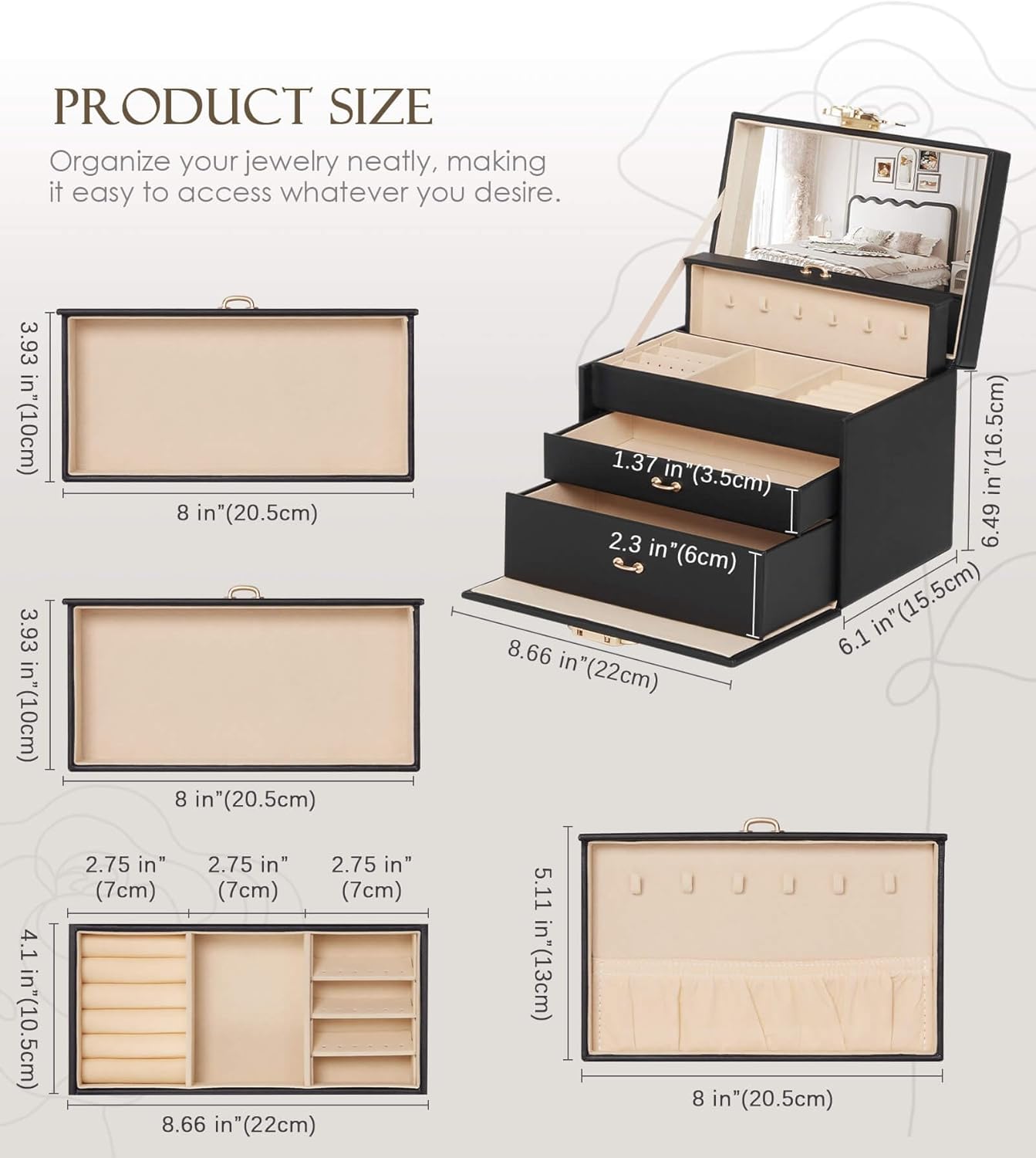 Jewelry Box with Lock: Jewelry Organizer for Dresser - 3-Drawer Earrings Storage