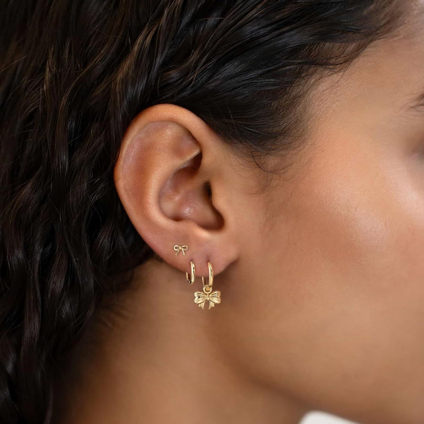 3 Pairs Small Gold Hoop Earring, 14K Gold Plated Earring Stacks Butterfly Heart Star Moon Bow Four Leaf Rhombus Round CZ Pearl