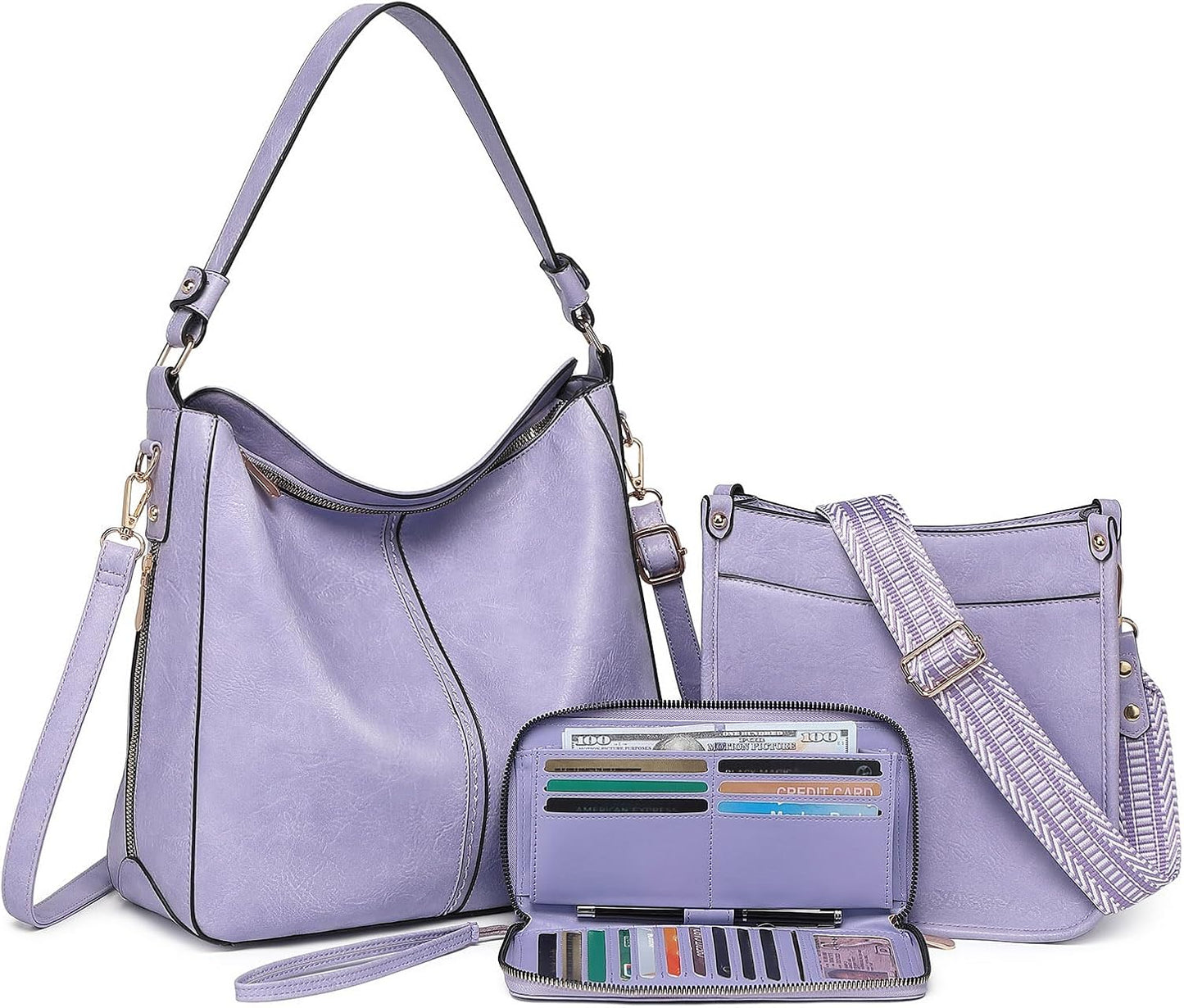 3PCS Crossbody Bags Set Large Leather Purse Shoulder Handbags with Wallet Adjustable Straps