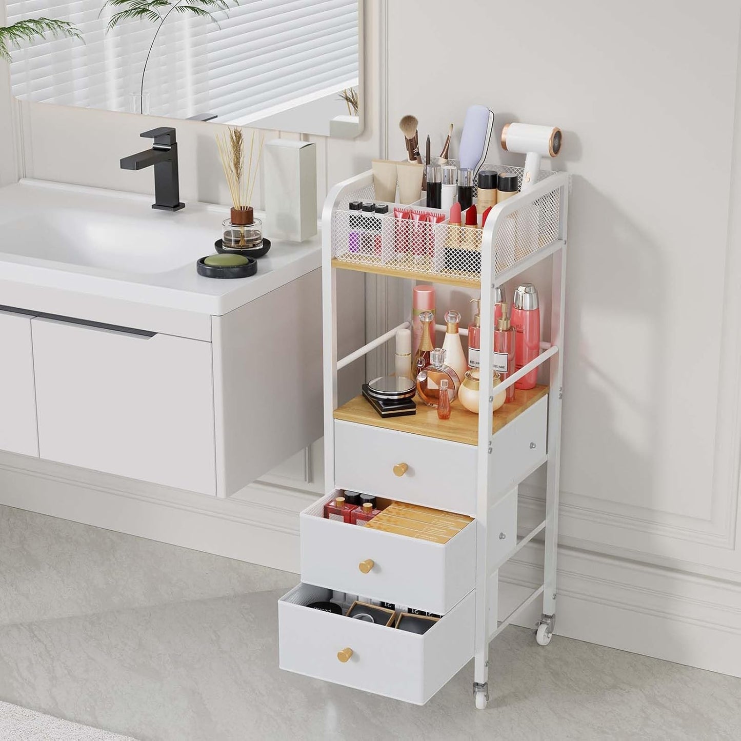 Rolling Makeup Cart Organizer - Floor Skincare Make Up Storage with 3 Non-woven Fabric Drawers