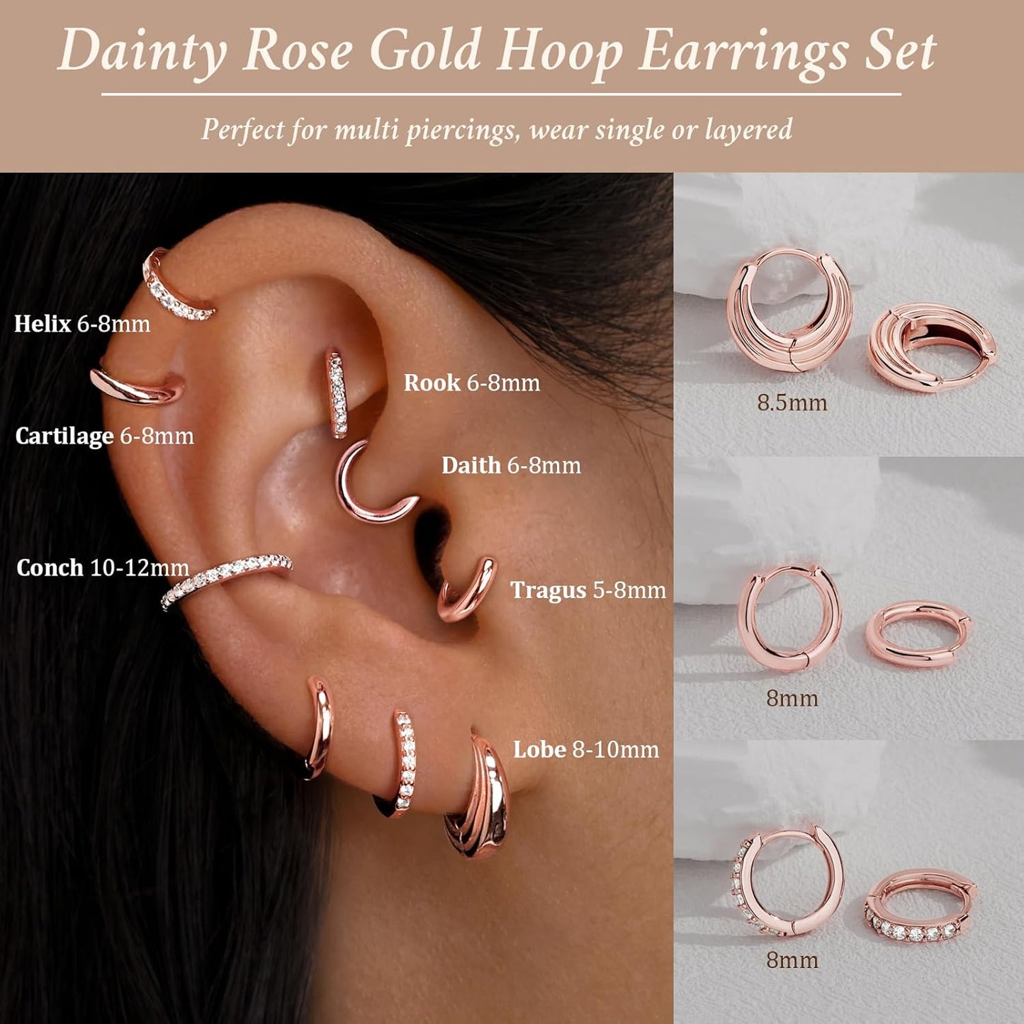 Small Sterling Silver Huggie Hoop Earrings Set for Women, 14K Gold Plated Hoops Stacks for Multiple Piercings