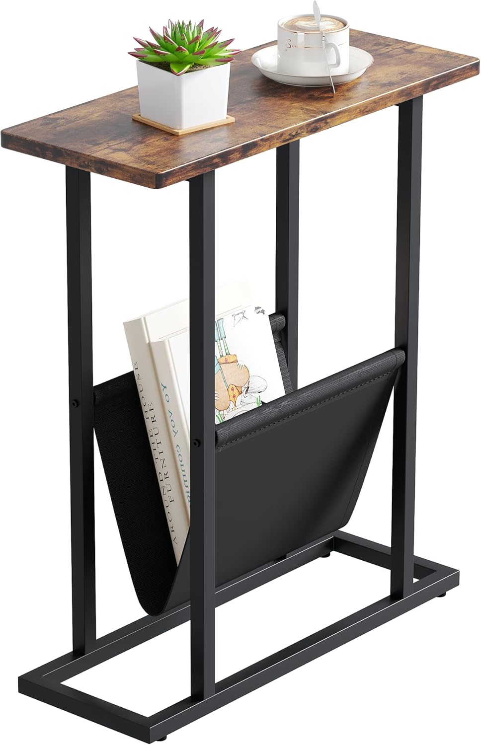 Narrow Side Table for Small Spaces, Small End Table with Magazine Holder, Skinny Slim