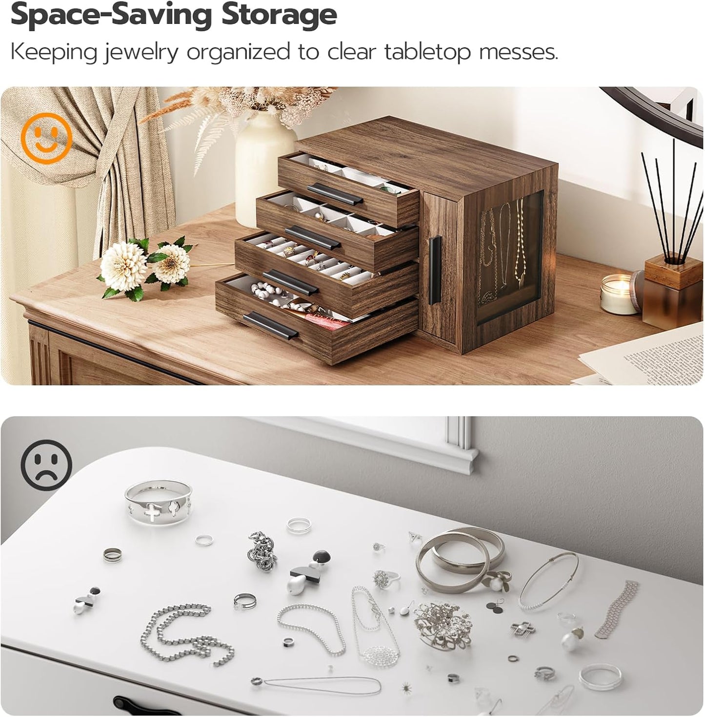 4-Layer Jewelry Organizer Box, Wooden Jewelry Organizer with Transparent Window