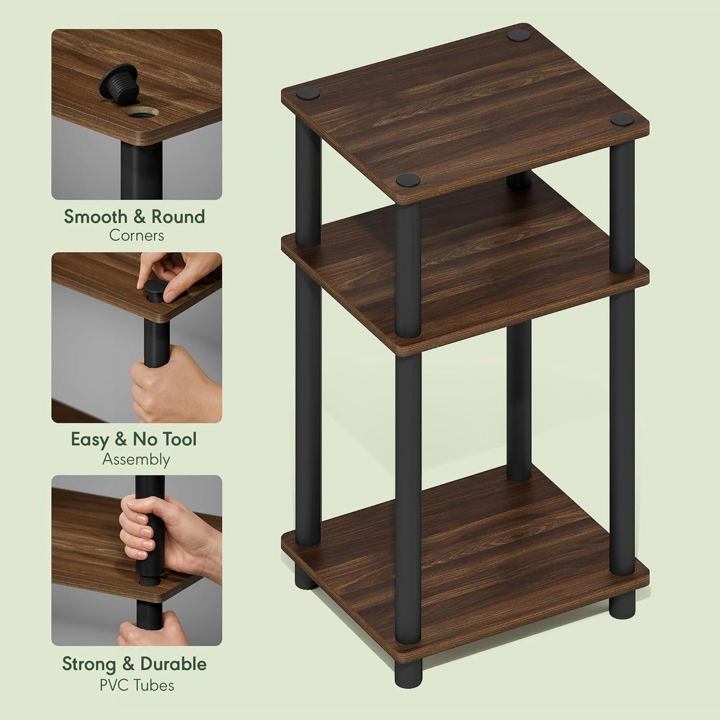 3-Tier End Table, Open Shelves Night Stand, Bedside Table, Toolless Assembly