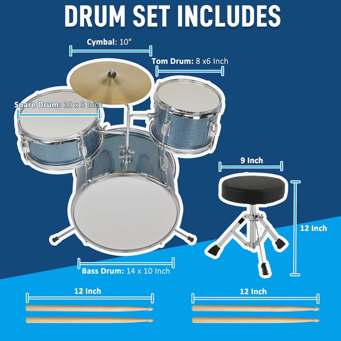 OMOMMD 3-Piece Drum Set, 14 Inch Beginners Drums Kit with Throne Stool, Pedal & 2 Pairs of Drumsticks, Junior Drums Set Musical Instruments W/Cymbal, Tom, and Snare Drum (Blue)