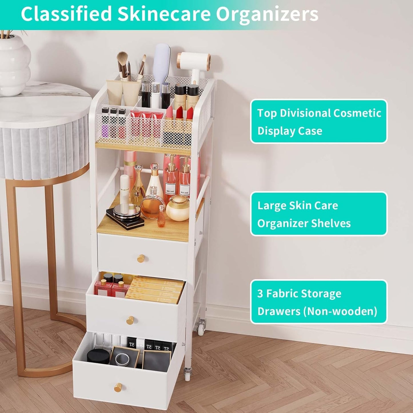 Rolling Makeup Cart Organizer - Floor Skincare Make Up Storage with 3 Non-woven Fabric Drawers