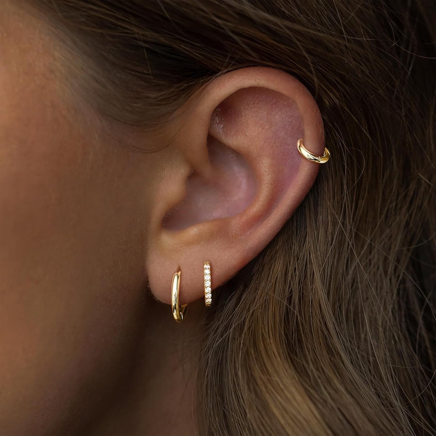 Small Sterling Silver Huggie Hoop Earrings Set for Women, 14K Gold Plated Hoops Stacks for Multiple Piercings