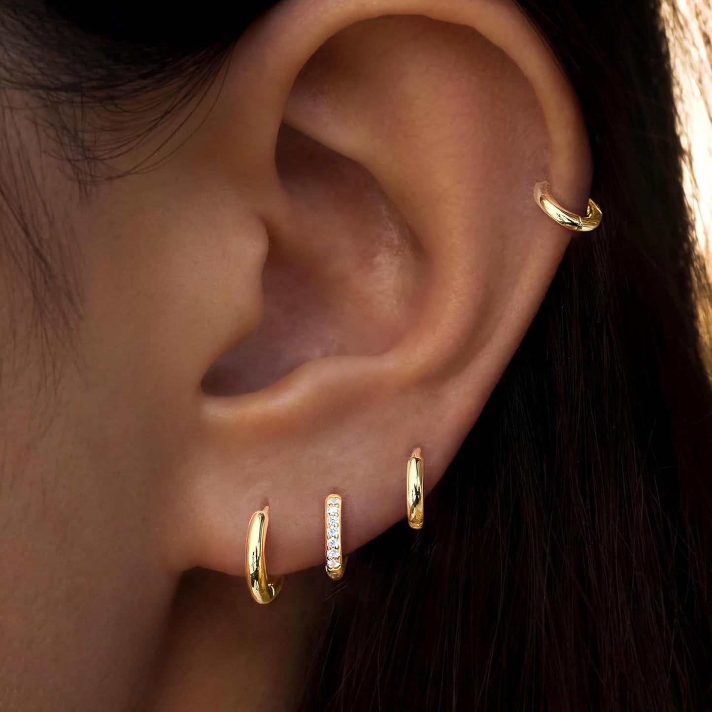 Small Gold Huggie Hoop Earrings Set for Women Men Hypoallergenic 14K Plated Stack Cartilage Earrings, Multiple Piercing