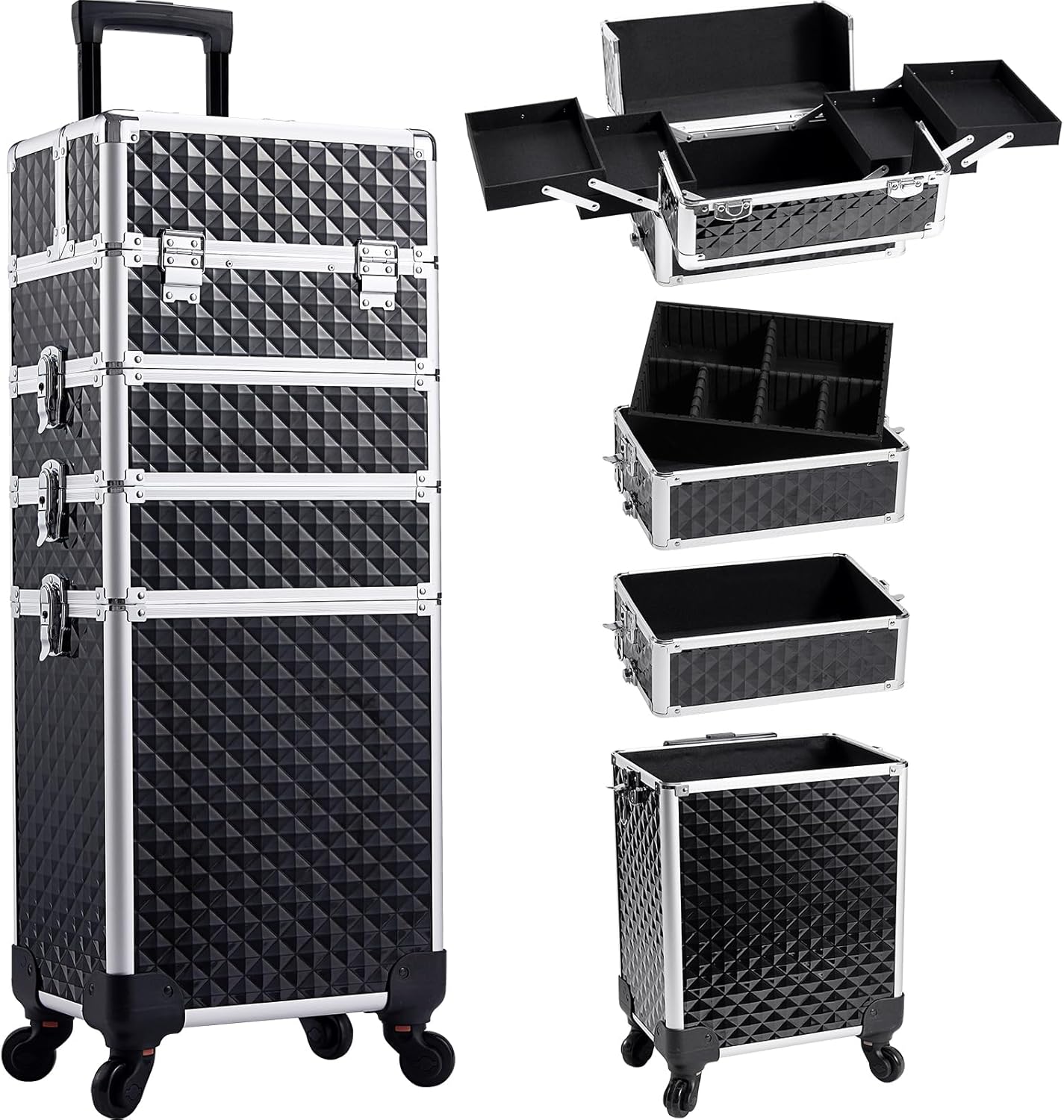 Rolling Makeup Case, 4-in-1 Cosmetology Case on Wheels, Nail Tech Cart for Trave