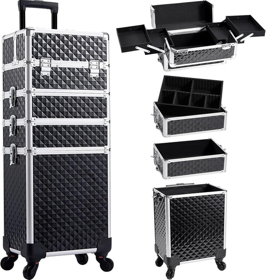 Rolling Makeup Case, 4-in-1 Cosmetology Case on Wheels, Nail Tech Cart for Trave