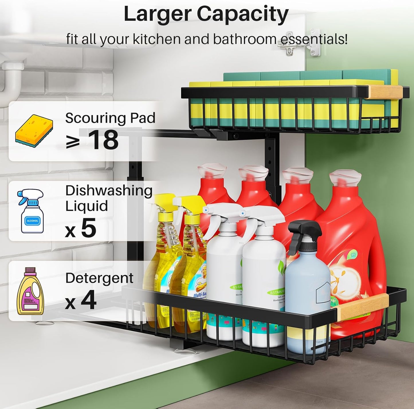 Under Sink Organizer, 2 Packs 2 Tier Under Sink Organizers , Slide out Pull out Cabinet Organizer Shelf
