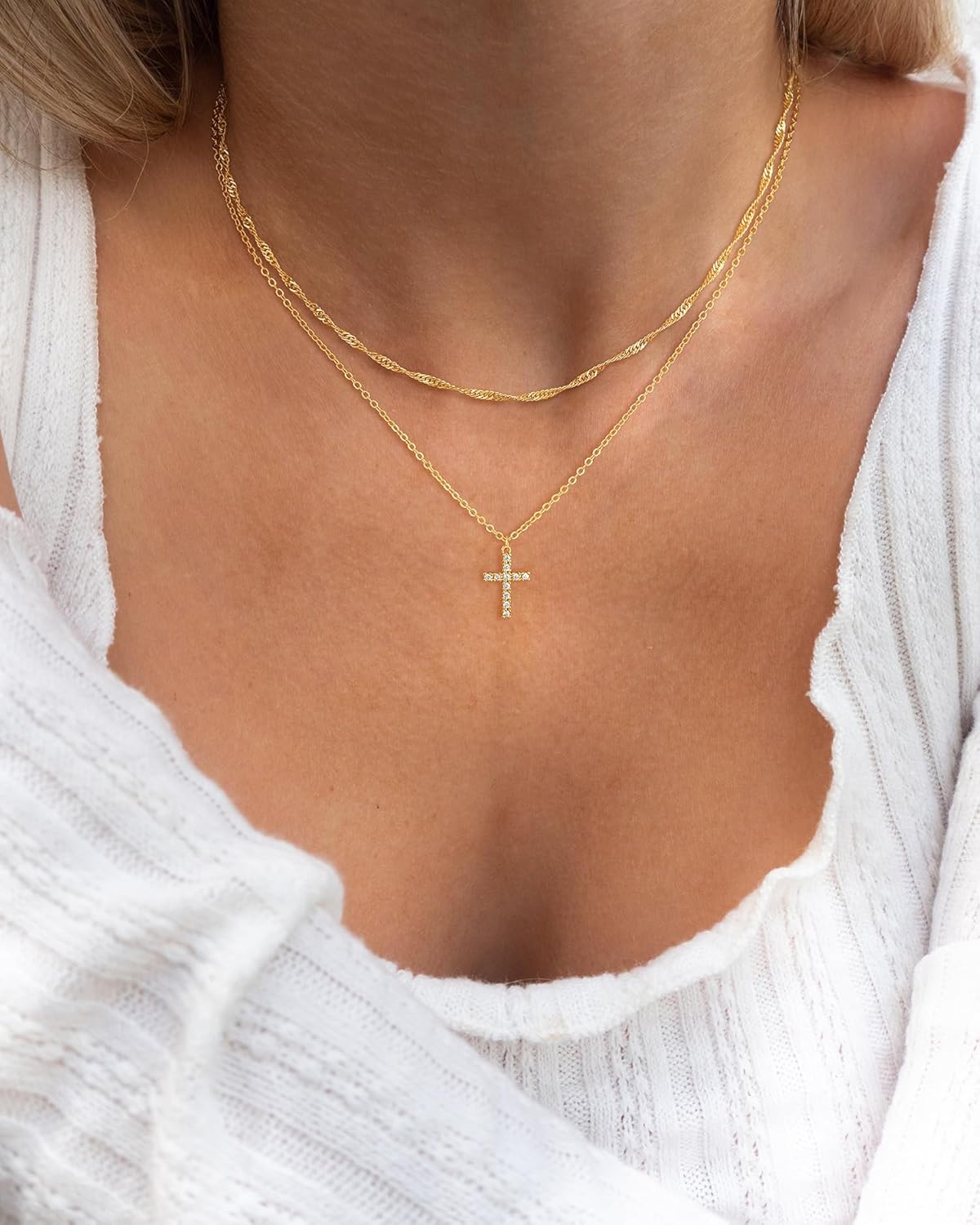 Dainty Layered Cross Necklace: 14K Gold Plated Real Silver Adjustable Choker Gift for Women and Teen Girls