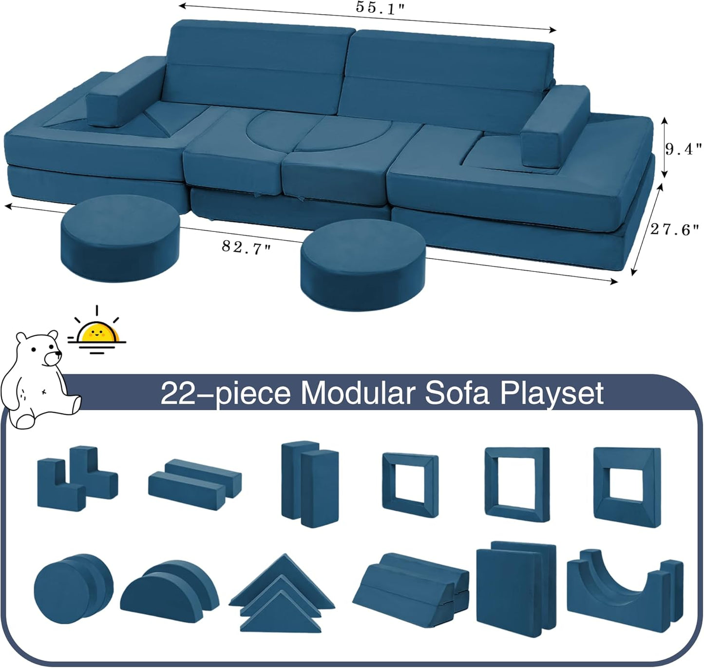 22Pcs Modular Kids Sectional - Kids Couch for Playroom Bedroom Living Rooms Toddler Sofa for Inspiring Child Creativity