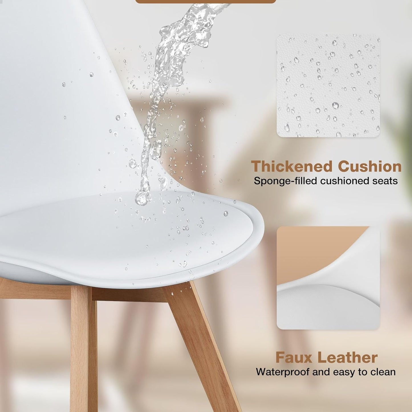 4 Mid-Century Modern Dining Chairs with Wood Legs and PU Leather Cushion - Suitable for Living Room, Bedroom