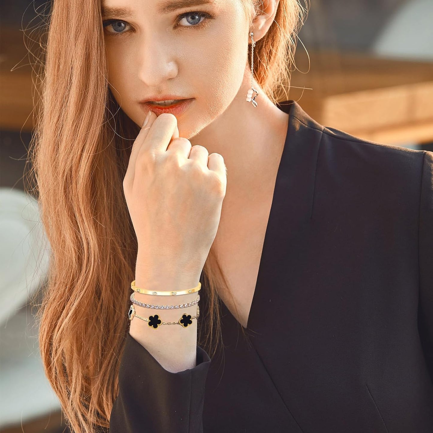 Gold Bracelets for Women,14K Gold Plated Love Bangle Bracelet Set,Crystal Stackable Bangles with Friendship