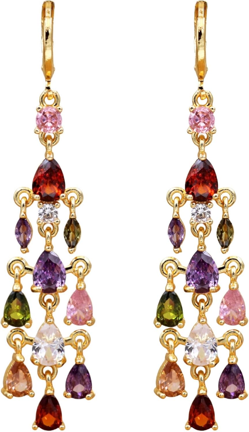Vuskdtei18K Gold Plated Flower Dangle Earrings for Women, Hypoallergenic Cubic Zirconia Earrings, Elegant Chandelier Drop Earrings