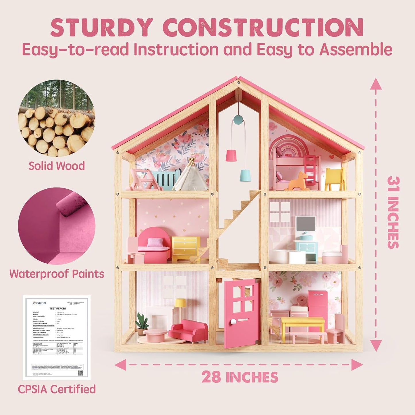 OMOMMD Wooden Dollhouse for Girls - 6 Rooms Wooden Doll House, DIY Pretend Doll House with 31Pcs Furniture Accessories, Creative Gift for Girl Ages 3+