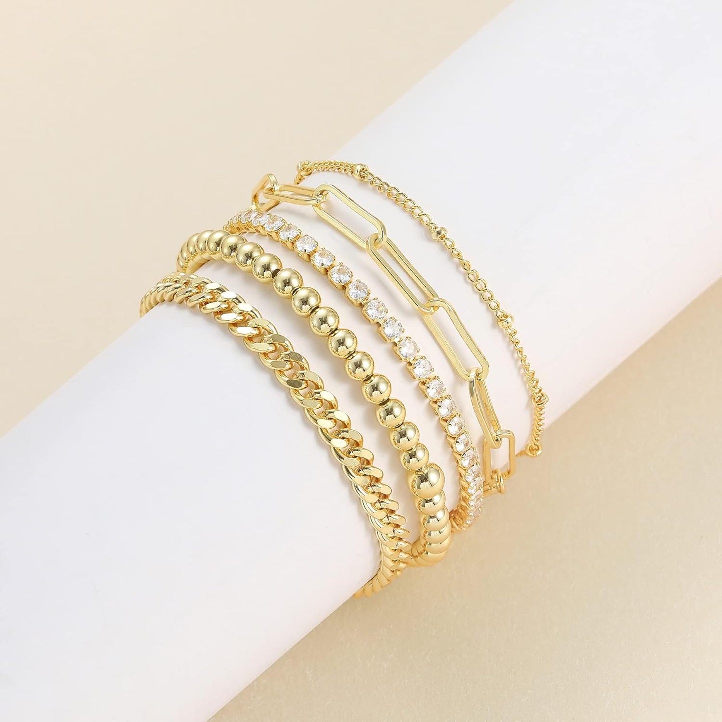 Gold Bracelets - Real 14K Women's Cute Tennis Cubic Beaded Link Paperclip Dainty Bracelet Pack