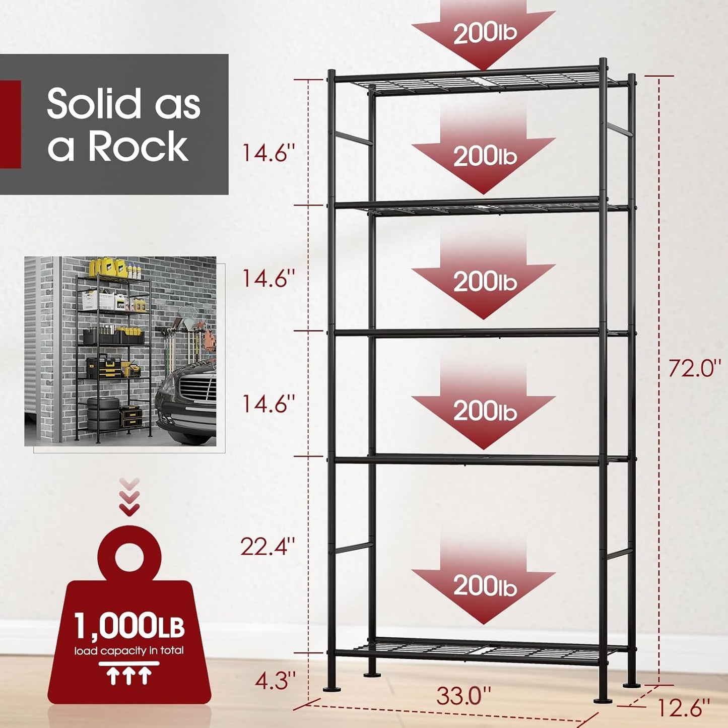 5 Tier Shelf Organizer, Heavy Duty Garage Shelving Unit with Leveling Feet Stable Metal Shelves