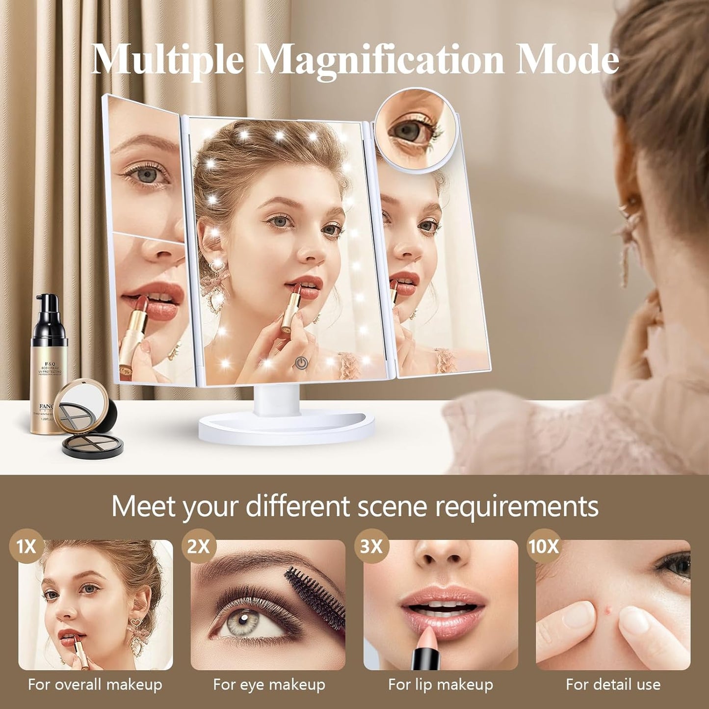 Makeup Mirror Vanity Mirror with Lights, 2X, 3X, 10X Magnification, Touch Control, Trifold, Modern Style