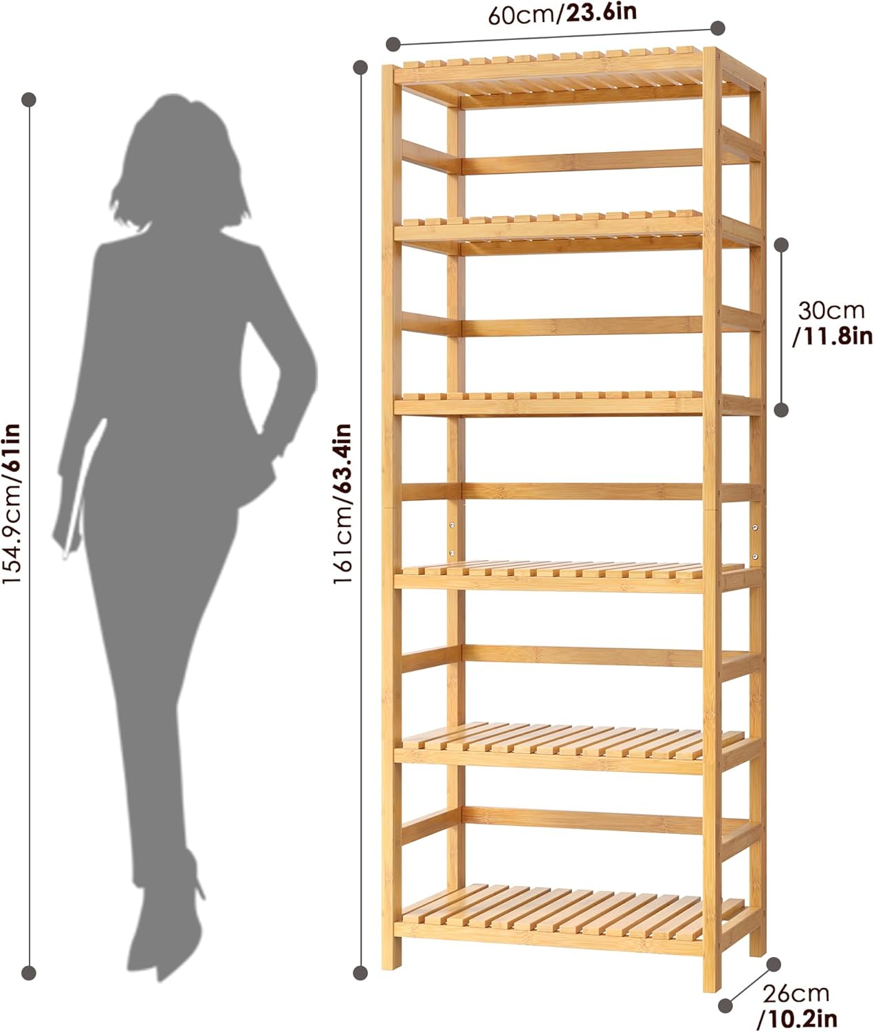 6-Tier Bamboo Shelf, Bamboo Bookcase with Adjustable Shelves, Free Standing Storage Shelf Unit