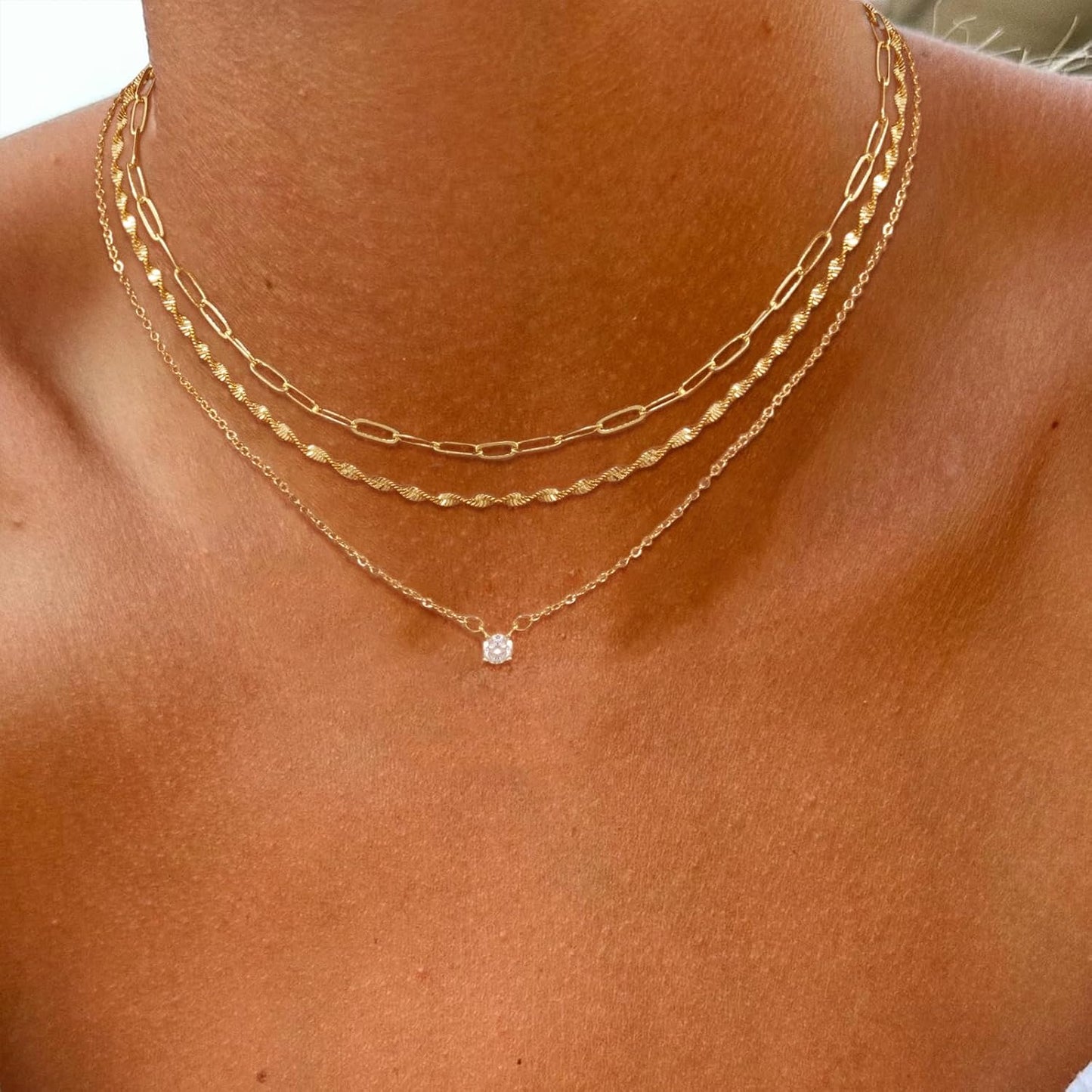 14K Gold/Silver Layered Necklace Set, Cross Pendant with Paperclip Rope Bead Box Dot Chains, Trendy German Minimalist Jewelry Gift