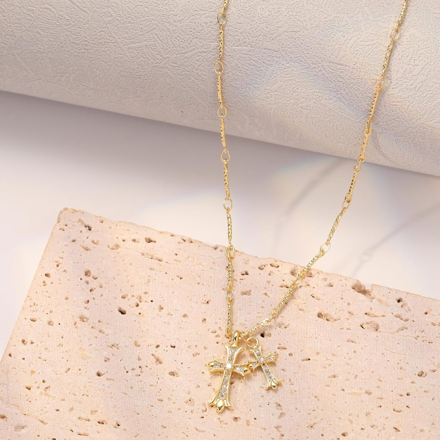 "14K Gold/Silver Plated Double Cross Necklace, Dainty Diamond Cross Pendant Chain, Delicate Faith Jewelry Gift for Women"