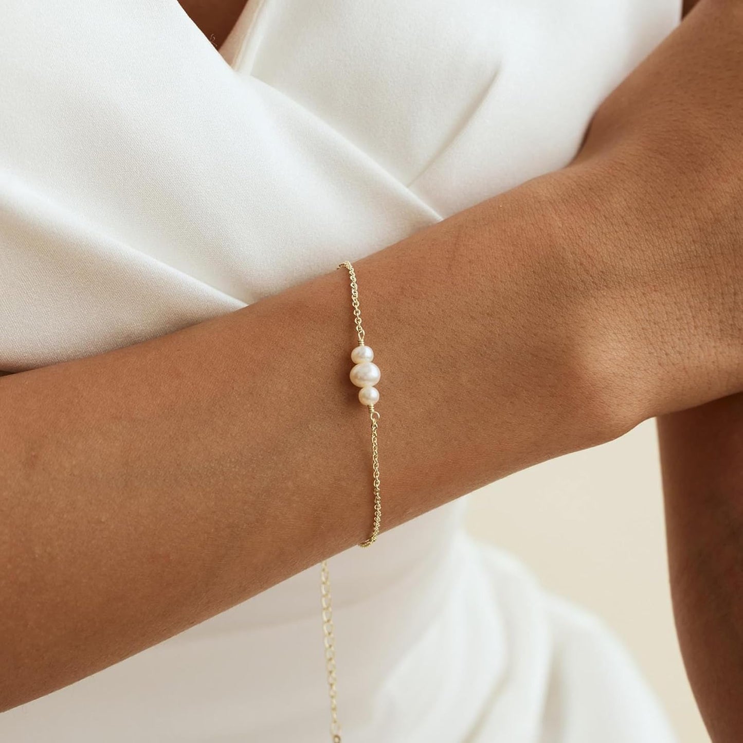 Gold Bracelets for Women Trendy, 14K Real Gold Plated Dainty Stackable Pearl Snake Chain CZ Heart Pendant Bracelets Adjustable 6"+2"