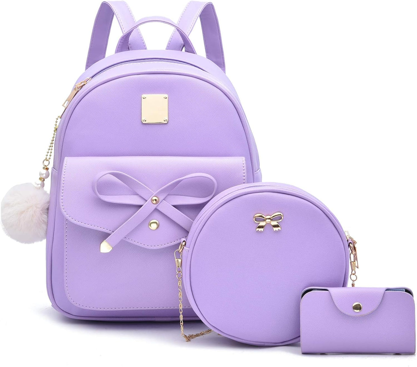 3-Pieces Girls Bowknot Fahsion Leather Backpack Backpack Purse for Women Rucksack