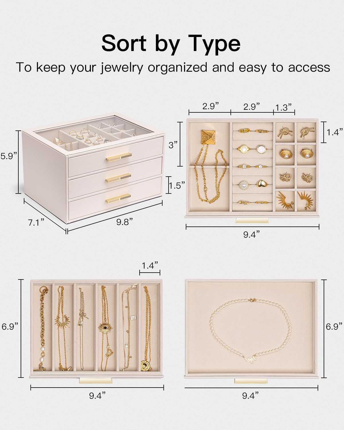 Jewelry Box for Women, Glass Lid Jewelry Organizer with 3 Drawers for Necklaces Rings Earrings Bracelets-Light Pink