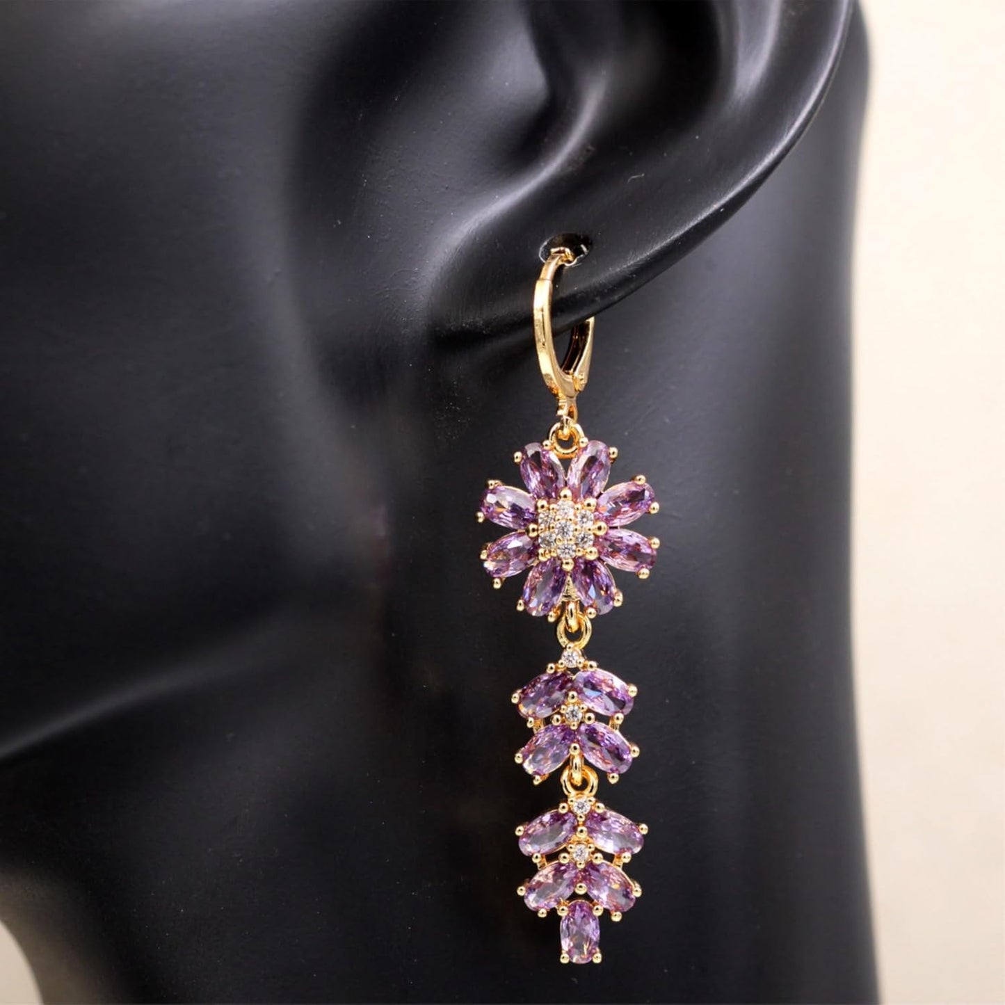 Vuskdtei18K Gold Plated Flower Dangle Earrings for Women, Hypoallergenic Cubic Zirconia Earrings, Elegant Chandelier Drop Earrings