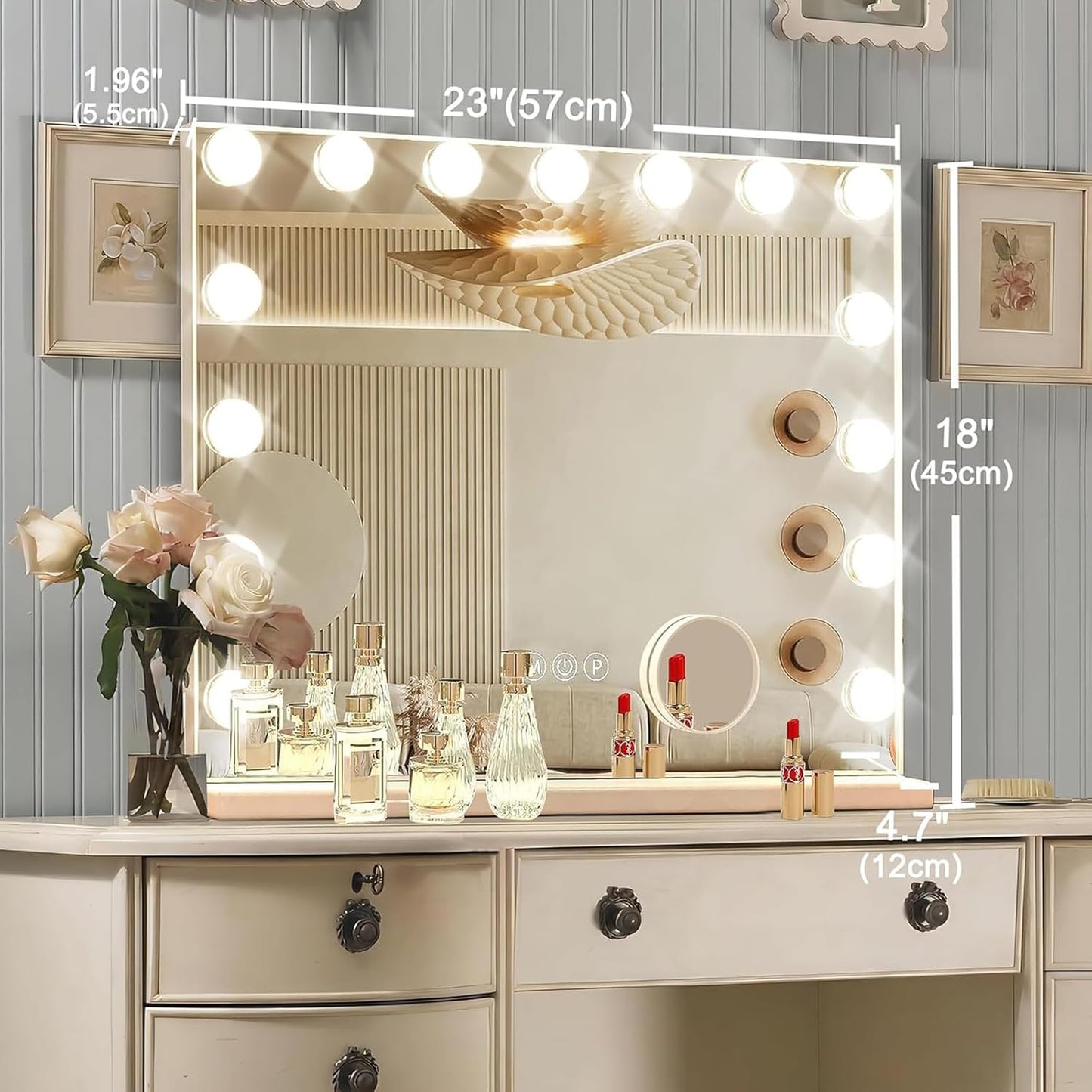 Vanity Mirror with Lights, 15 Dimmable Bulbs, 3 Color Lights,Make Up Lighted Mirror,  USB Charging Port