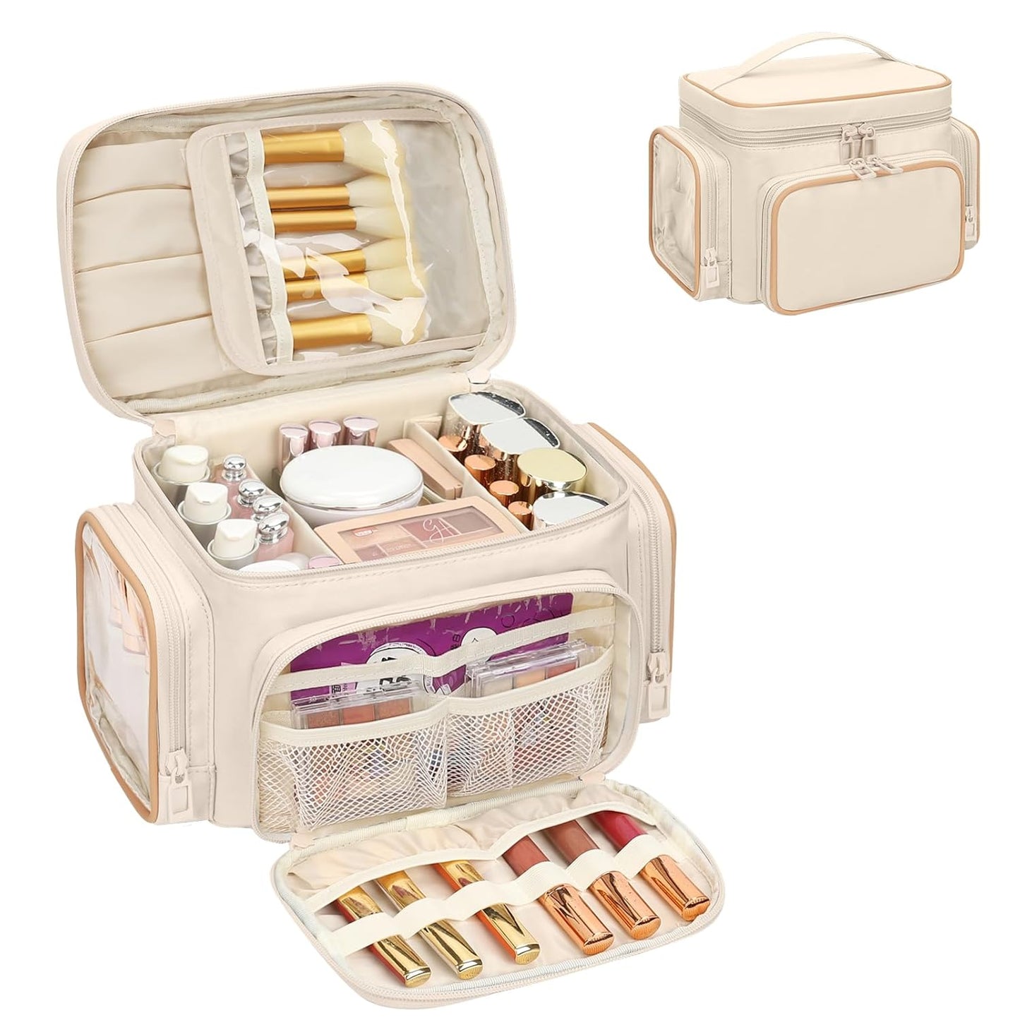 Large Makeup Bag, Organizer for Women Girls with Makeup Brush Compartment & Two Side Pockets