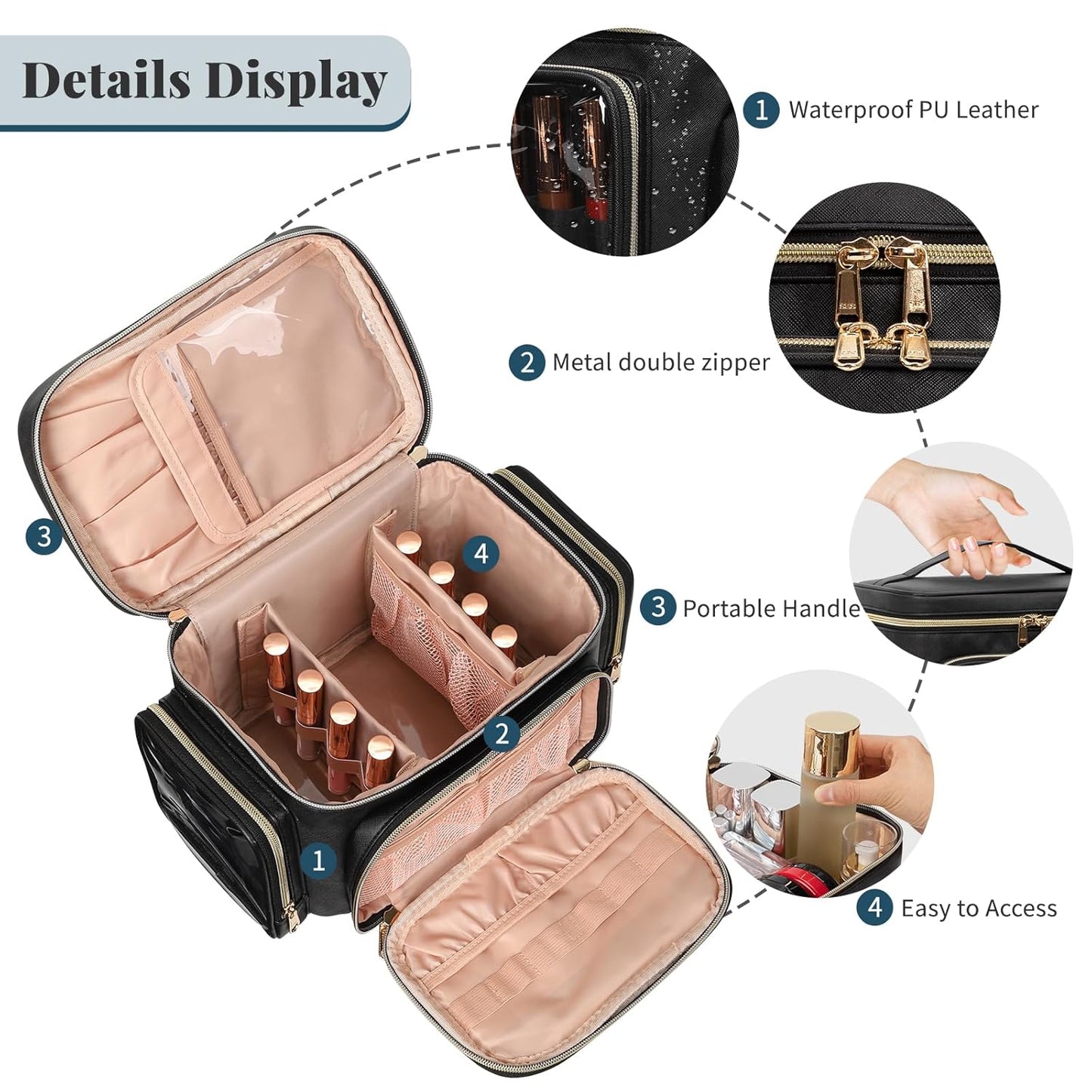 Large Makeup Bag, Organizer for Women Girls with Makeup Brush Compartment & Two Side Pockets