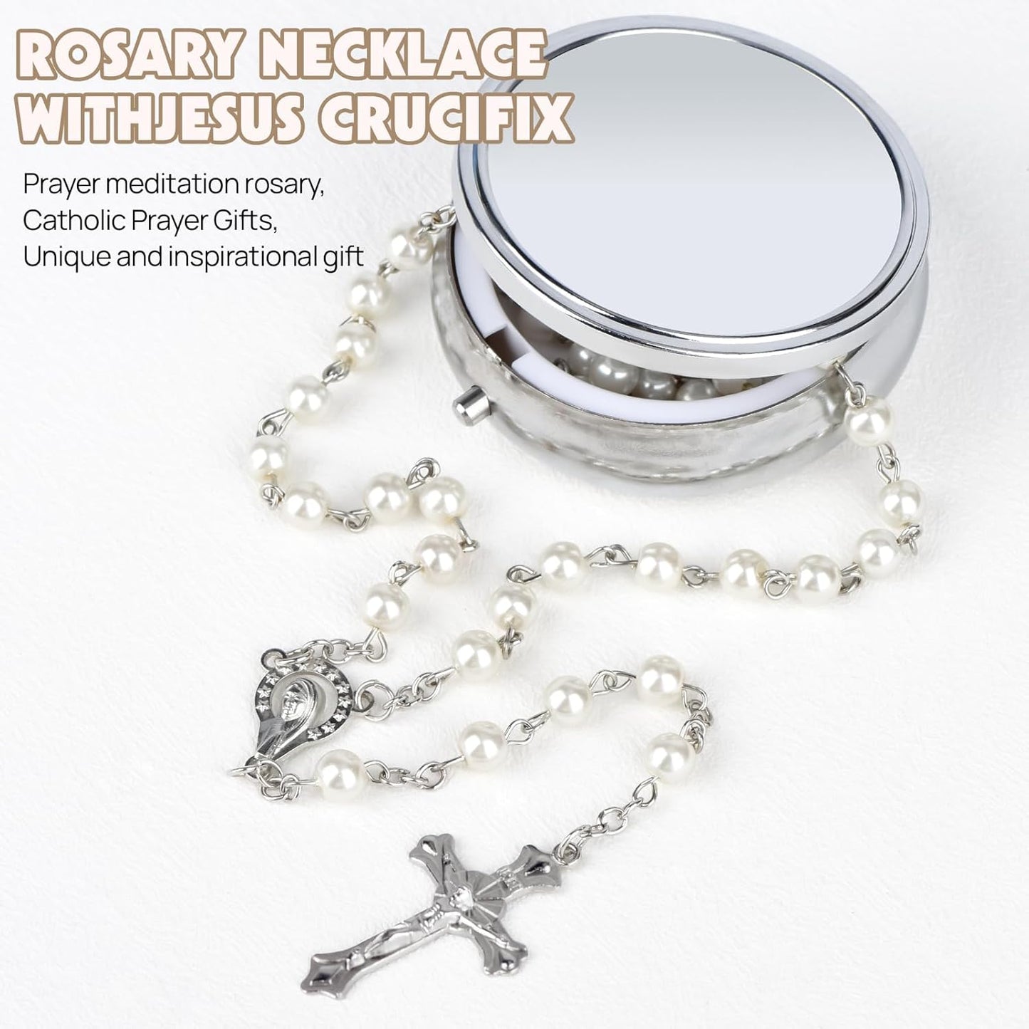 Catholic Sacramental Rosary | Virgin Mary & Crucifix Necklace - Confirmation Gift for Women w/ Silver Metal Gift Box (White)