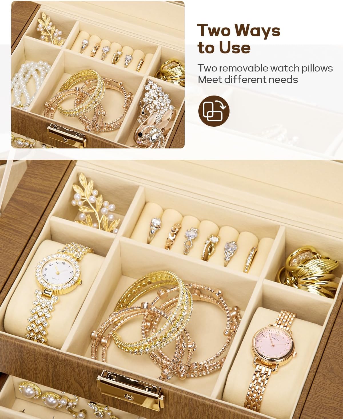 Synthetic Leather Huge Jewelry Box Mirrored Watch Organizer Necklace Ring Earring Storage Lockable